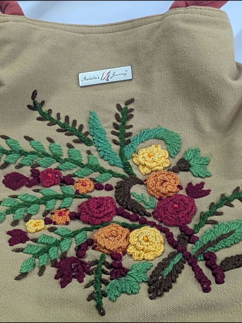 Isabella’s Journey Embroidered Floral Canvas Tote Bag Boho Cottagecore Shoulder
